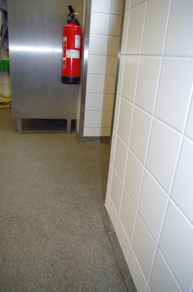 Der spezielle, rutschfeste Boden ist als Hohlkehle gestaltet um Schmutz kein Quartier zu bieten. Die Wandfliesung steht über damit sich kein Staub ablagern kann.